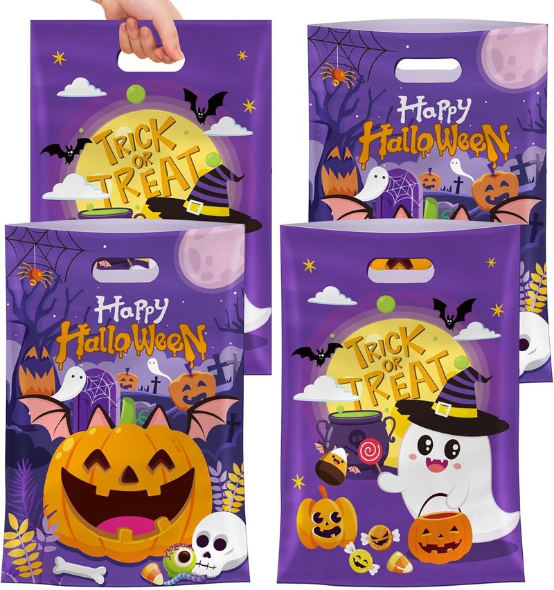 PERFQU 40 Pcs Happy Halloween Treat Bags with Handles-Trick or Treat Halloween Goodie Bags for Kids, Cute Ghost Pumpkin Halloweens Plastic Candy Goody Gift Bags for Halloweens Party Decorations Supplies Favors - Image 1